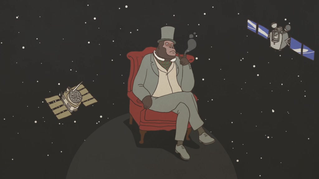 24-7 Prayer: an illustrated top-hatted figure seated in an armchair on a planet, among orbiting satellites