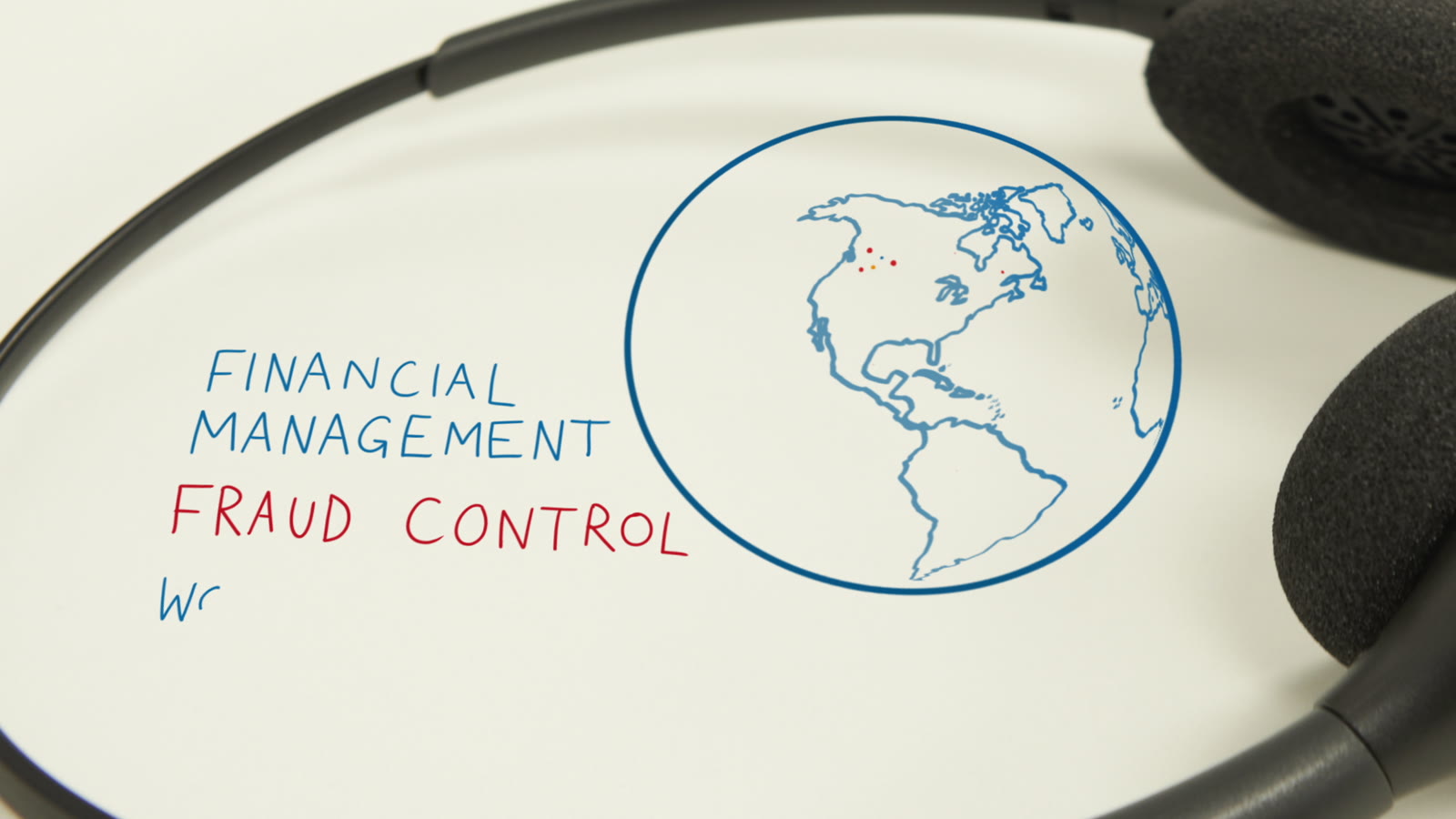 Access Prepaid: a whiteboard diagram reading Financial Management, Fraud Control, beside a hand-drawn globe