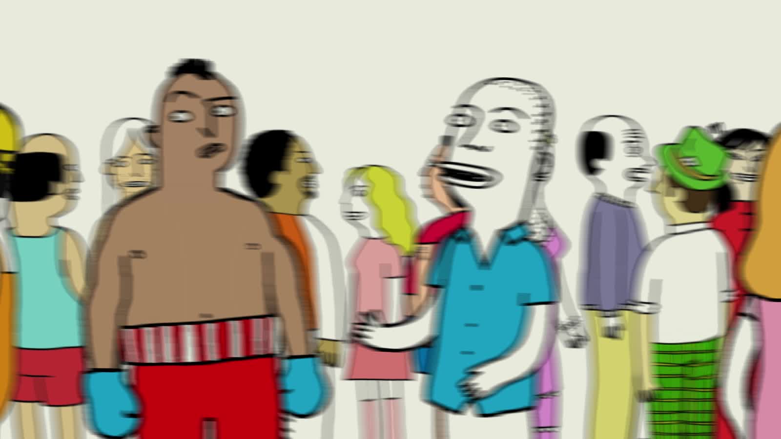 Frame from the Air bp film: a wide crowd of flat character illustrations