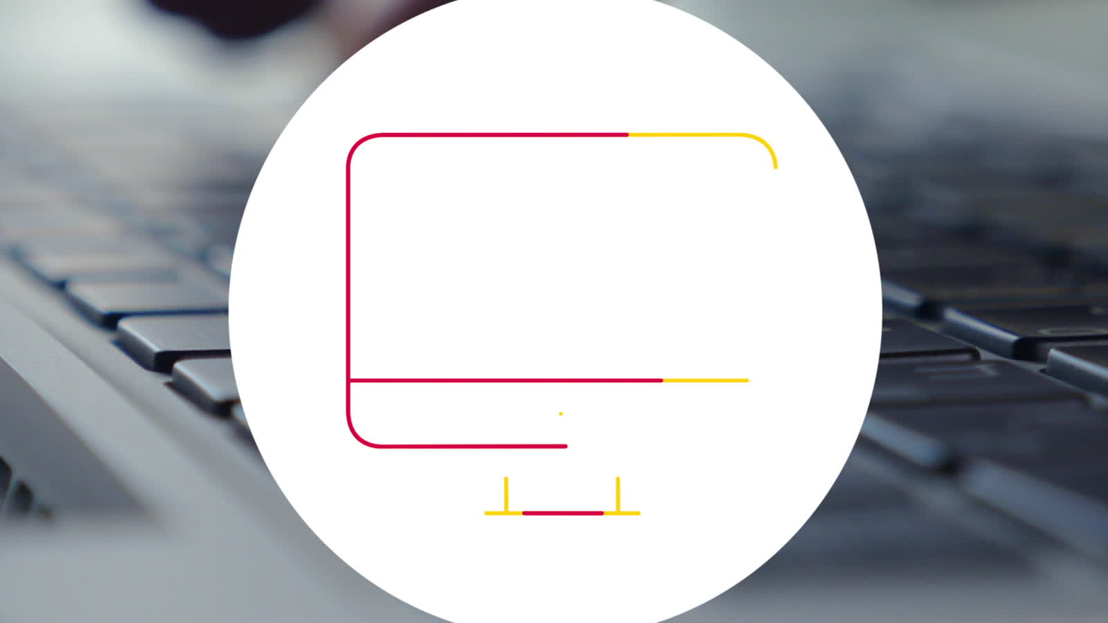 Frame from the Arvato film: a circular device/screen graphic in pink and yellow