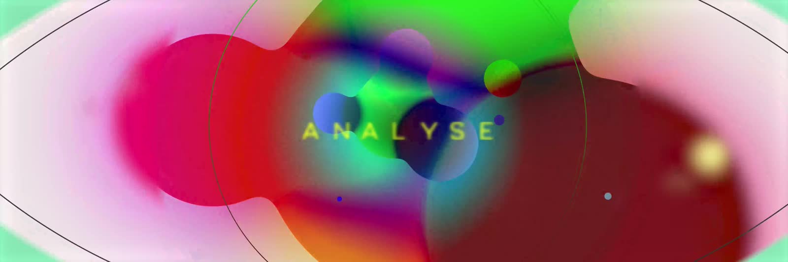 Frame from the AXA sequence, the word Analyse over a shifting colour field