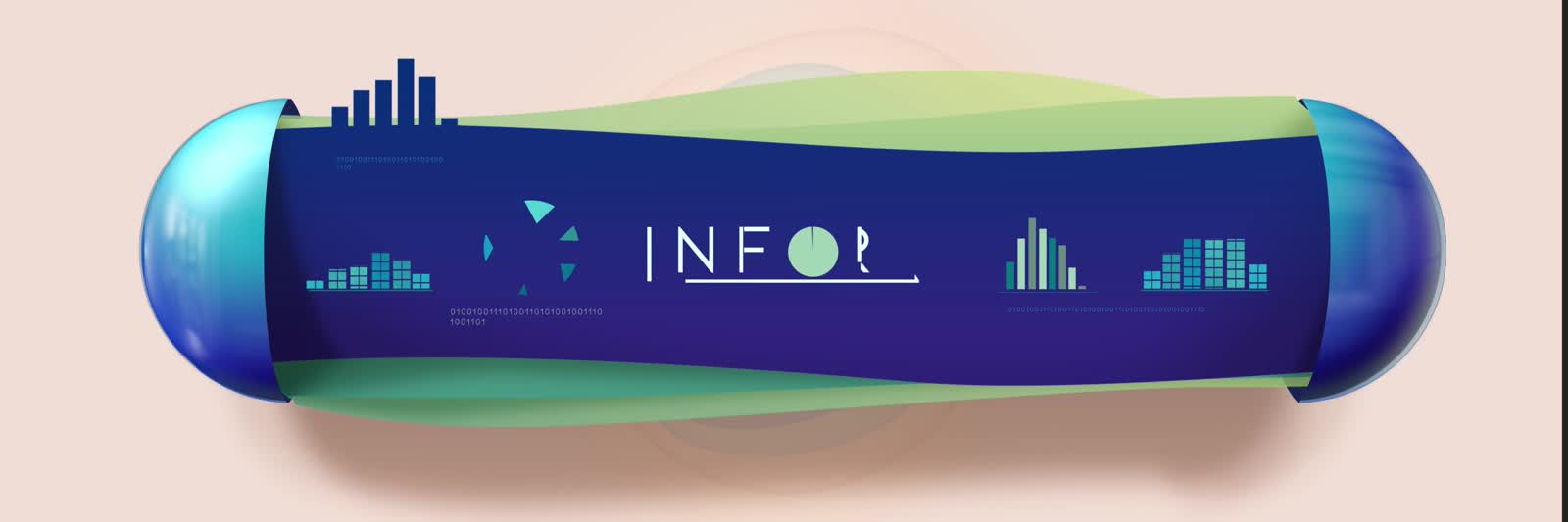 Frame from the AXA sequence, a data themed capsule graphic reading Infor
