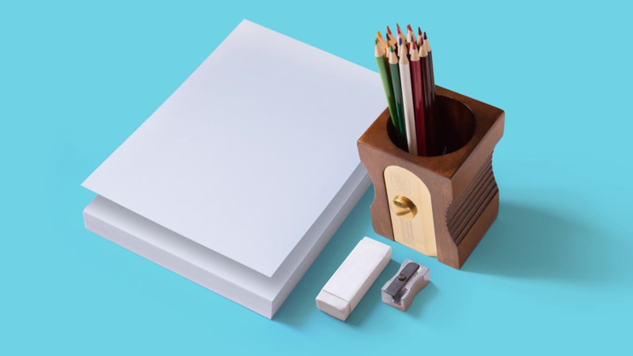 The Big Spring Clean: stationery, a paper stack, pencil pot, eraser and sharpener
