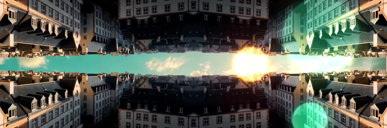 Frame from the BNP Paribas sequence, a mirrored European cityscape at sunrise