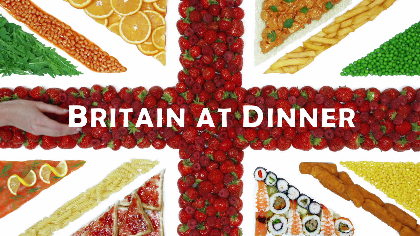 The finished Union Jack made entirely of food, with the Britain at Dinner title over the top