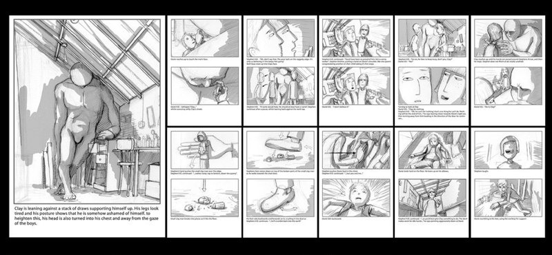 Storyboard: Clay leaning against a stack of drawers