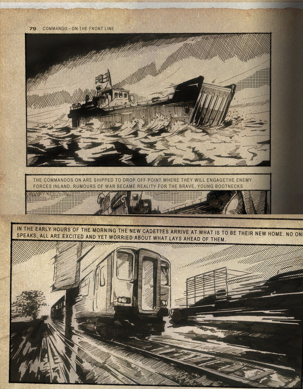Commando: On The Front Line — a sepia hand-drawn storyboard page for the title sequence