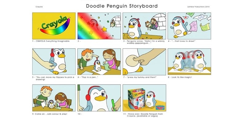 Storyboard: Crayola Doodle Penguin, 11 panels