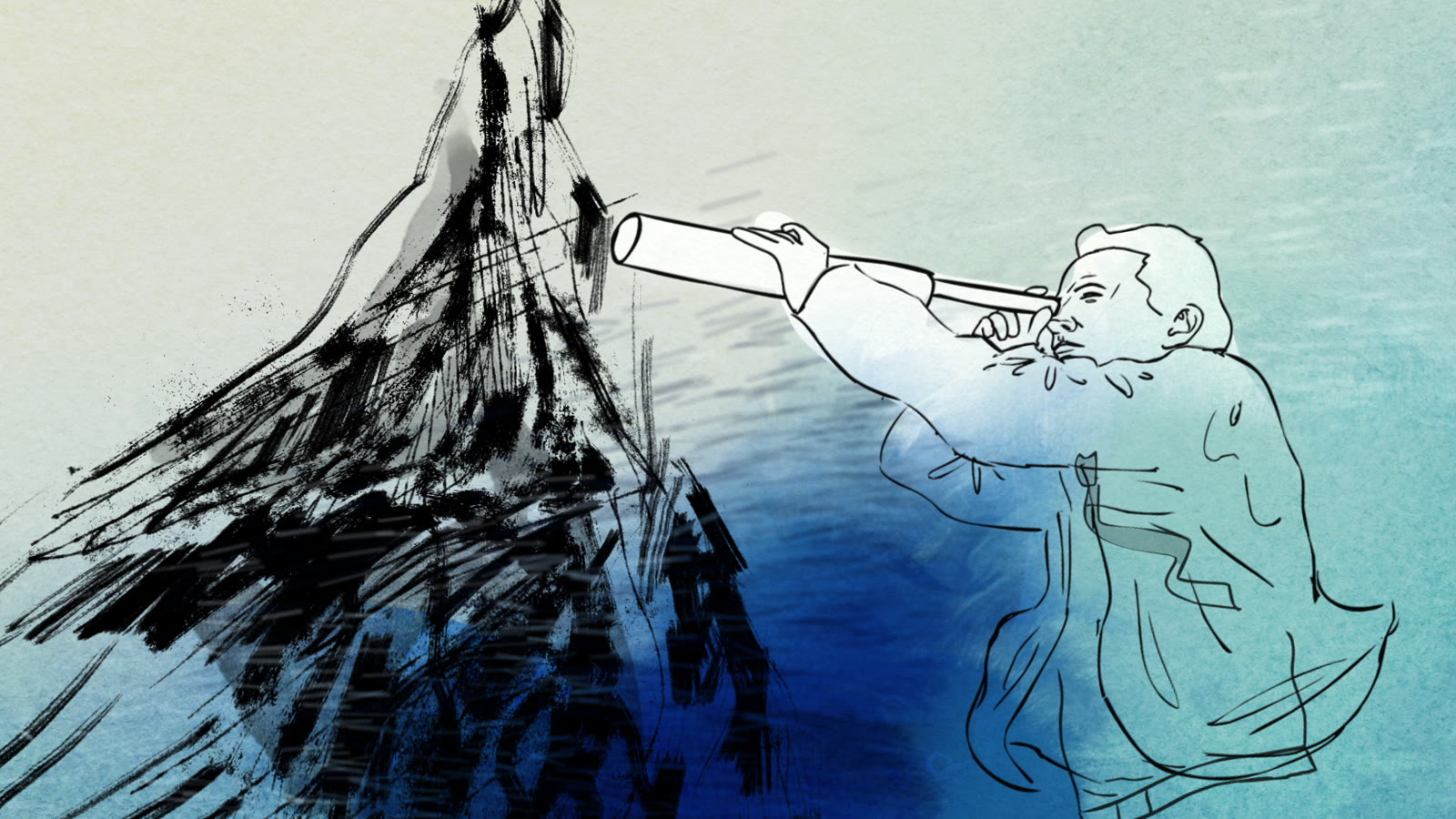 Deloitte Spotlight: hand-drawn illustration of a figure using a telescope beside a mountainous ink wave