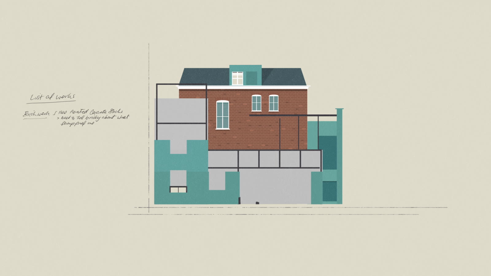 Double Your House for Half the Money: illustrated house cross-section with a hand-lettered list of works