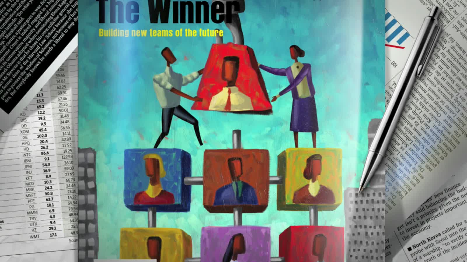 Magazine cover illustration reading The Winner, Building new teams of the future