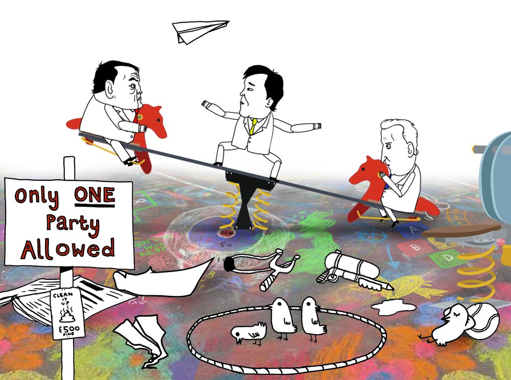 Absolute Power: What is a Hung Parliament? — an illustrated political cartoon still, "Only ONE Party Allowed"
