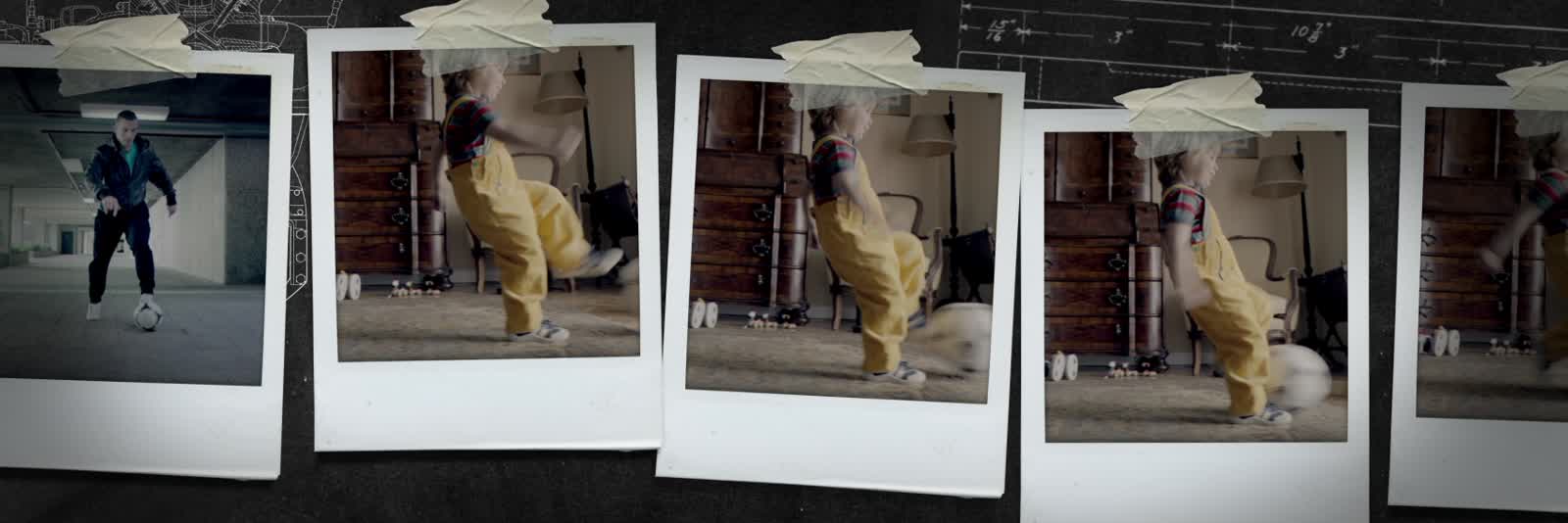 Frame from the Hyundai film: a strip of polaroid photographs of a football freestyle sequence