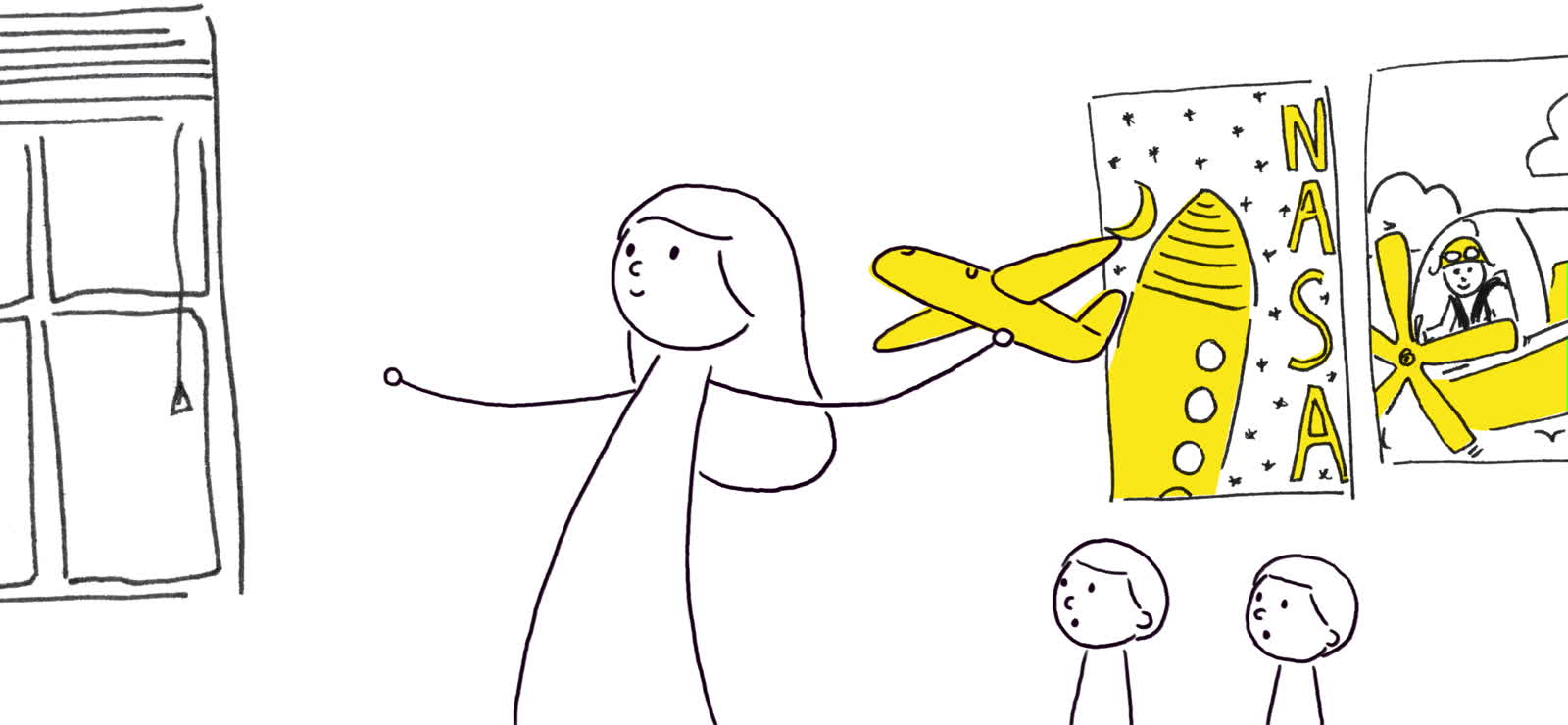 Frame from I Am So Many Things: a mother pointing at a NASA poster while two children look on