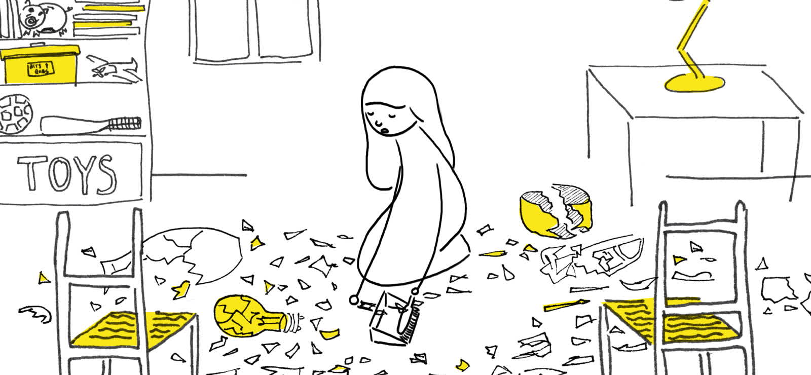 Frame from I Am So Many Things: a broken lightbulb and vase scattered across a bedroom floor