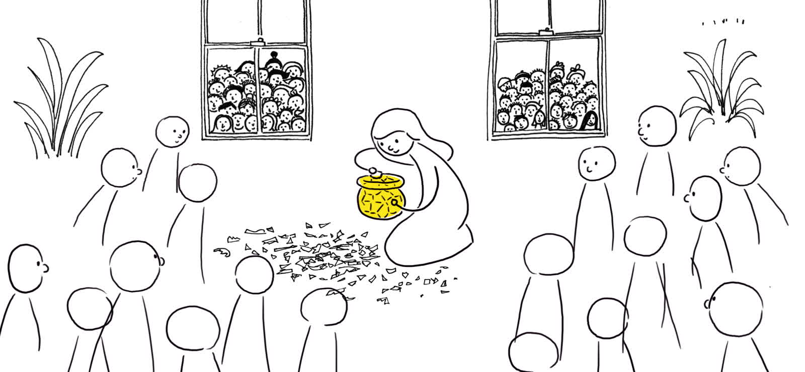 Frame from I Am So Many Things: a woman handing something from a pot to a crowd gathered at her windows
