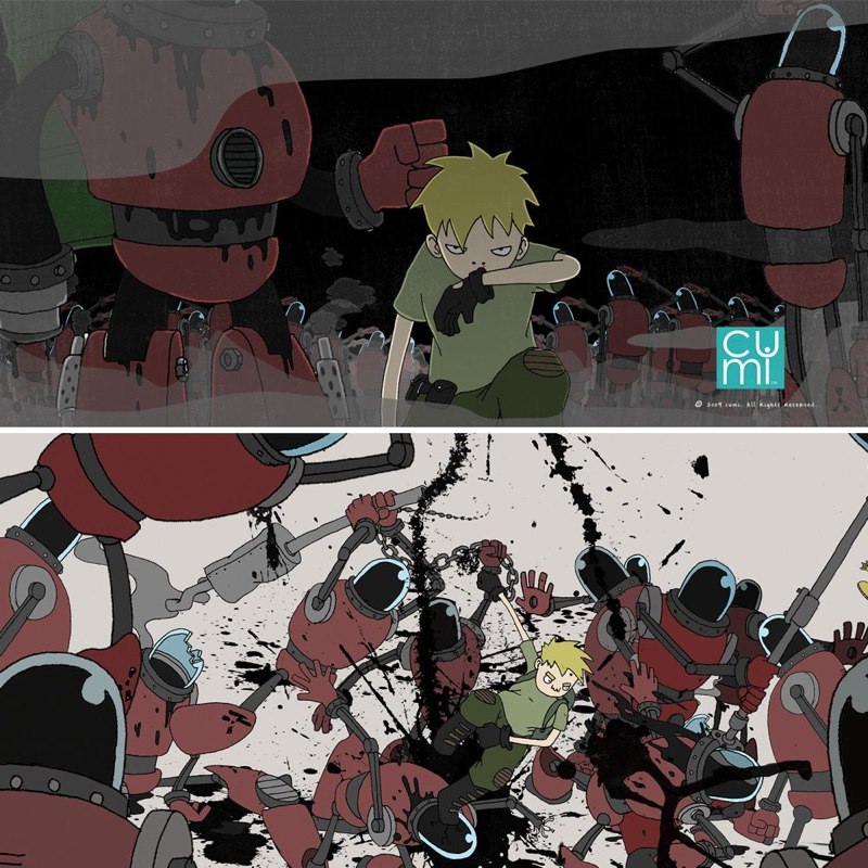Self-initiated character design key art, boy and robots