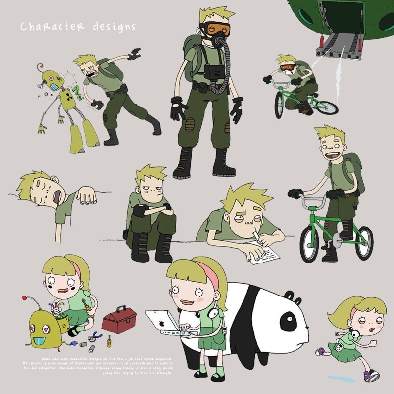 Character designs: boy, girl, panda and robot