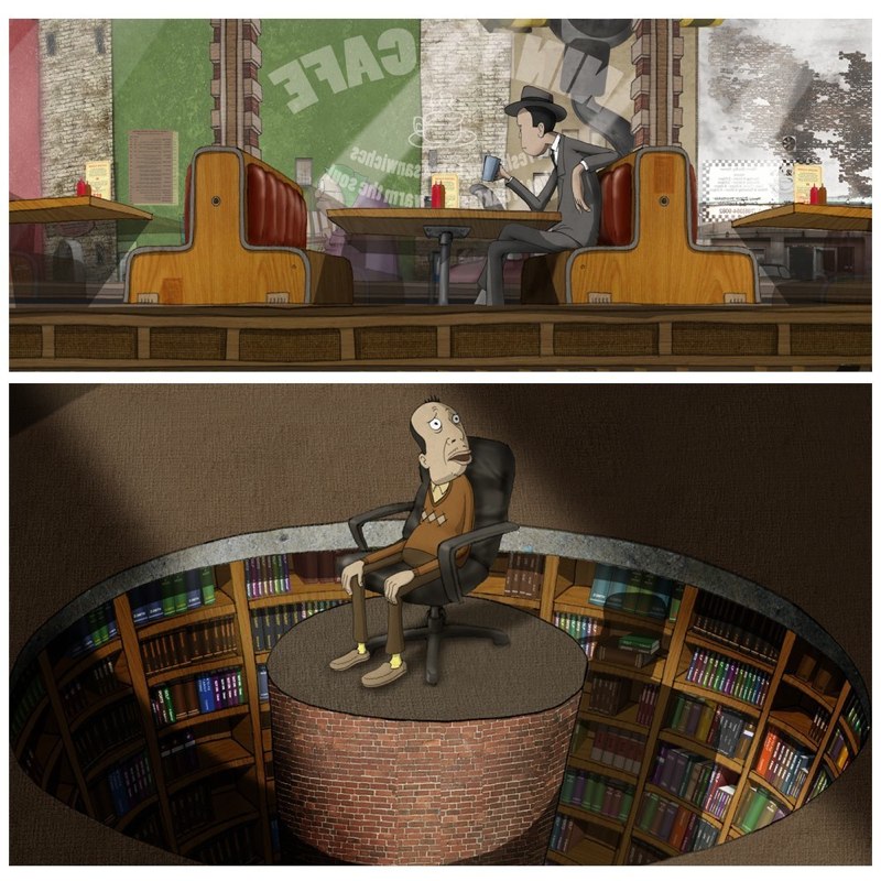 Illustrated cafe and library set concepts