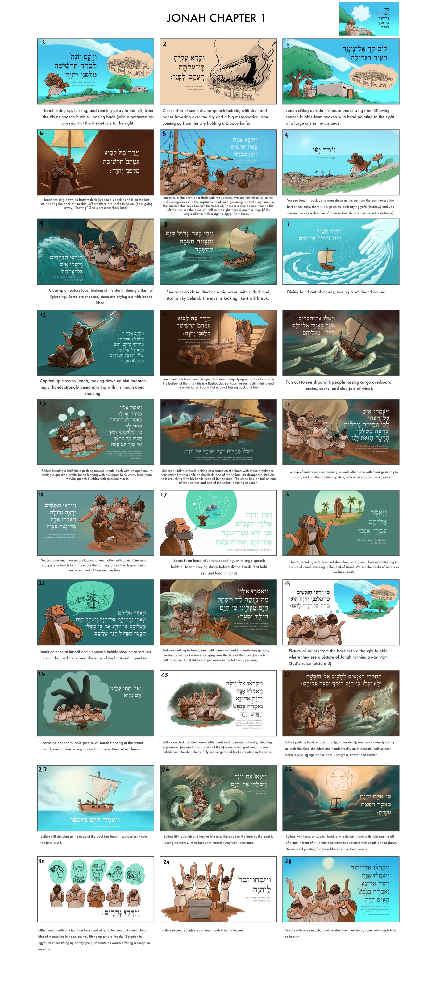 Jonah Chapter 1 storyboard: 30 numbered panels with Hebrew scripture text and English scene directions