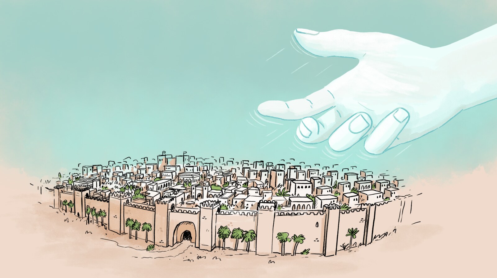 A finished scene from the Book of Jonah, chapter 3: a divine hand reaching down over the walled city of Nineveh