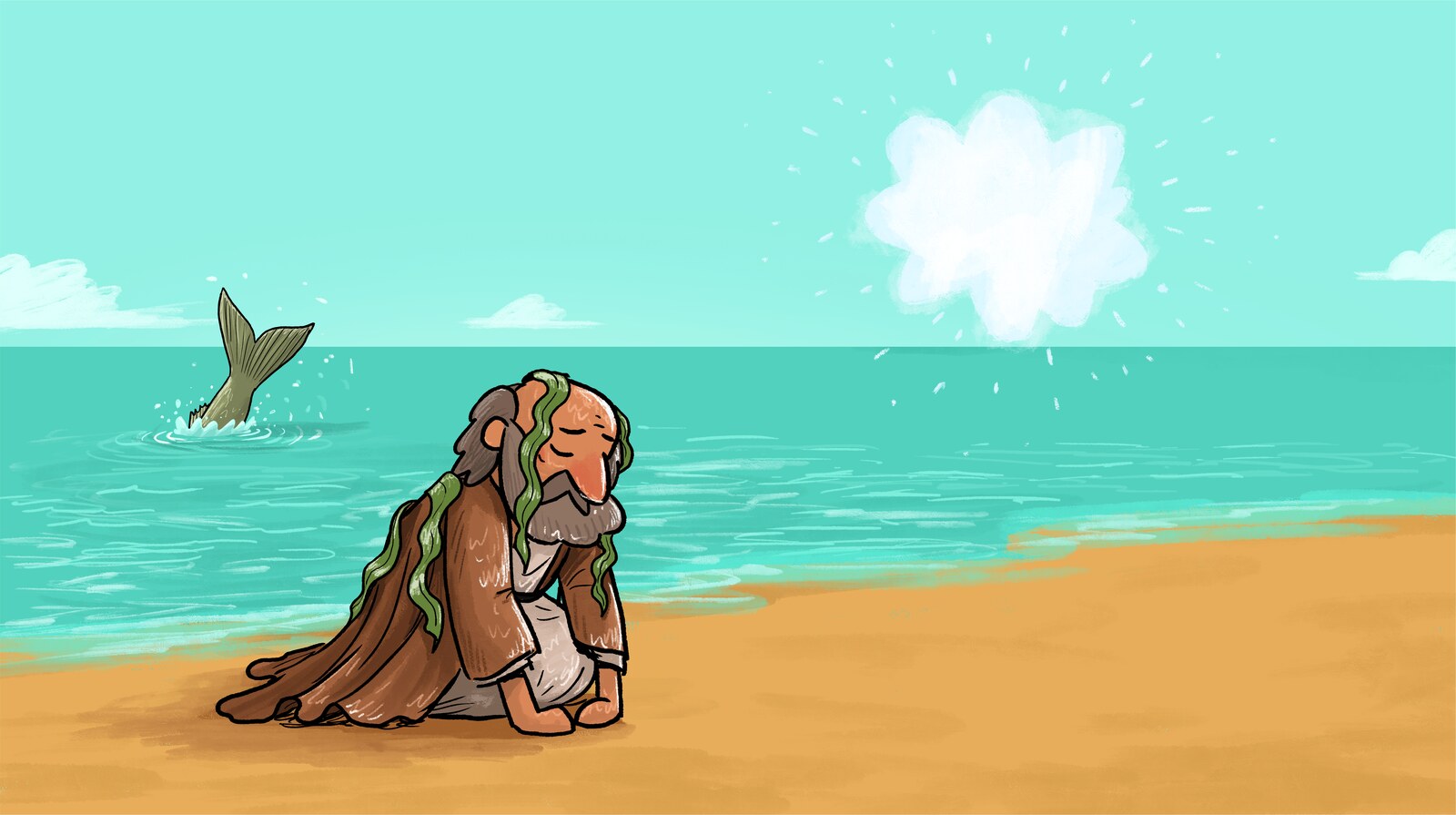 Jonah kneeling on the beach after being cast up by the great fish, its tail visible in the water behind him