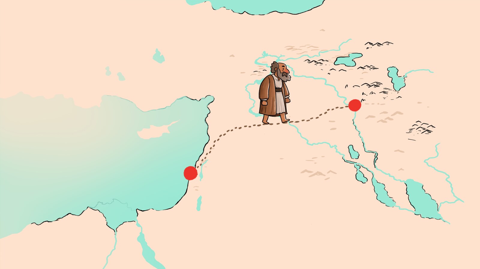 Map illustration showing Jonah's route between two named points across the sea
