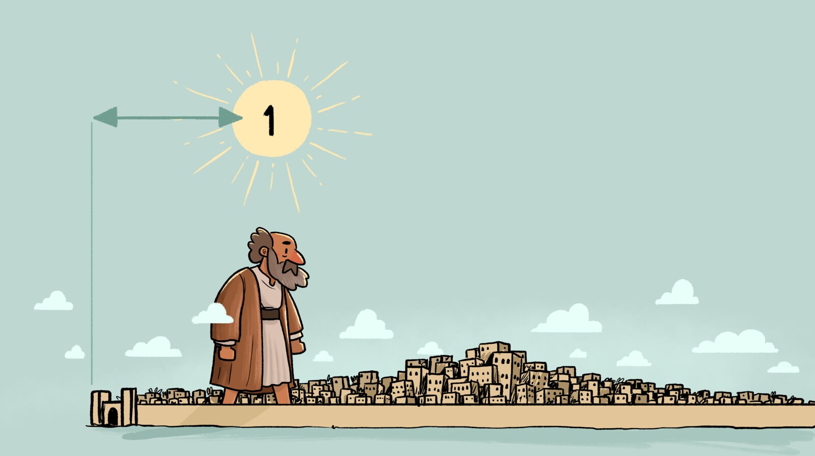 Jonah walking toward the walled city of Nineveh, a numbered sun marking a day's journey