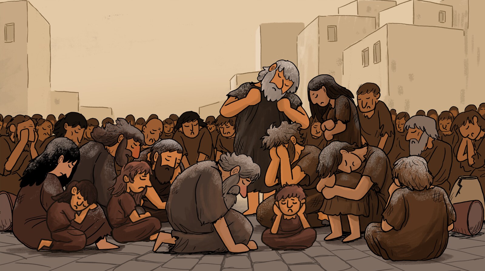 The people of Nineveh mourning together in the street, children among them
