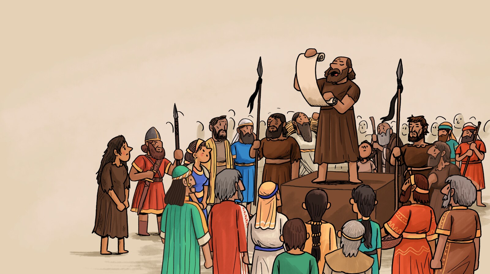 Jonah proclaiming a message from a raised platform, surrounded by a crowd and armed guards
