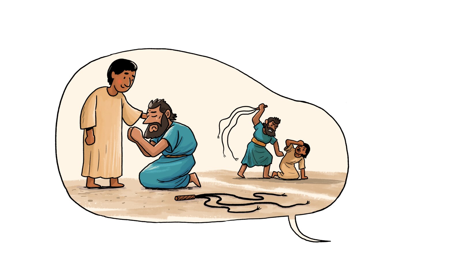 A speech bubble showing a figure comforting a kneeling man, with a second scene of Jonah's flight visible below