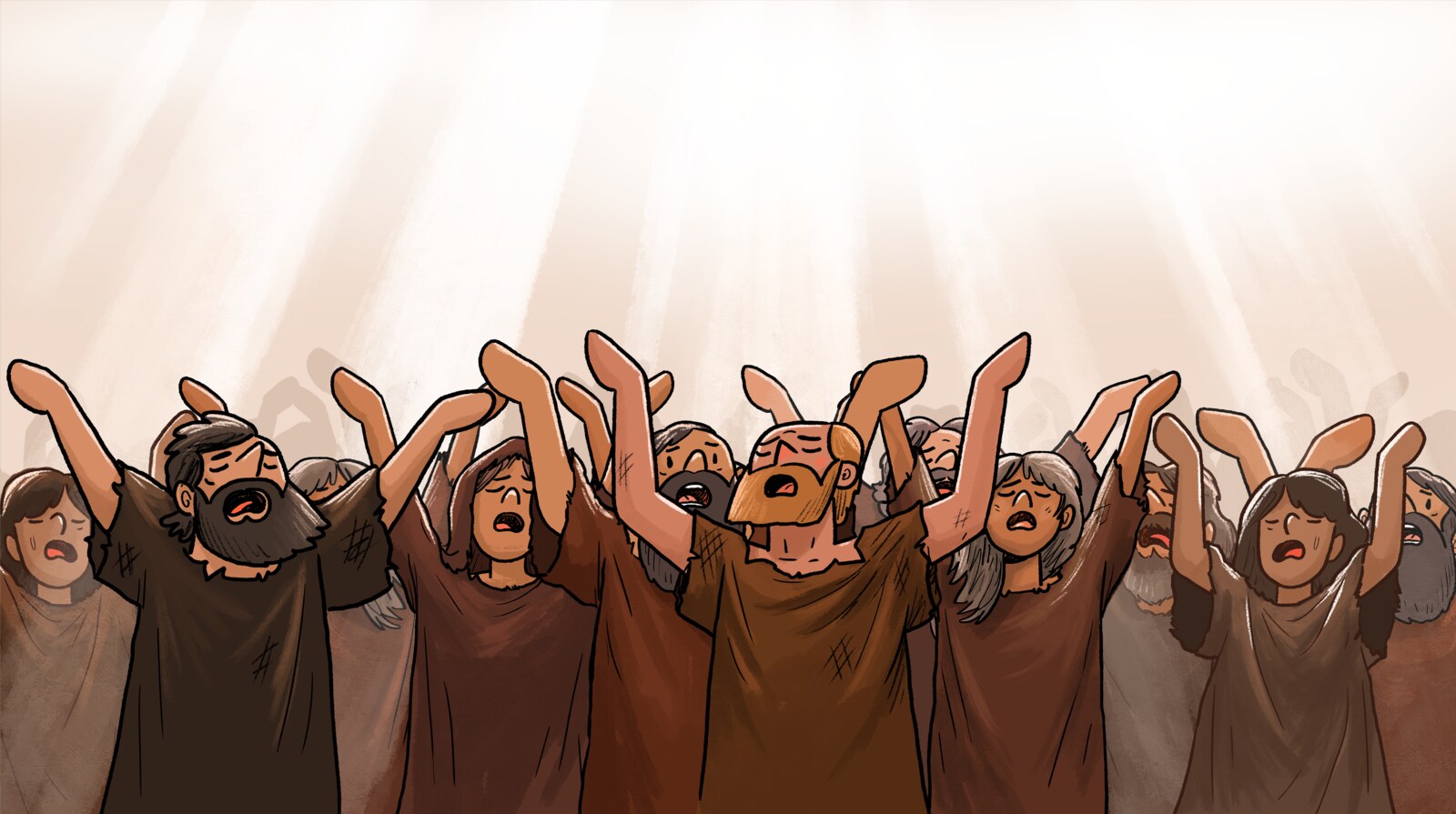 A crowd of Nineveh's people raising their hands in prayer beneath streaming light