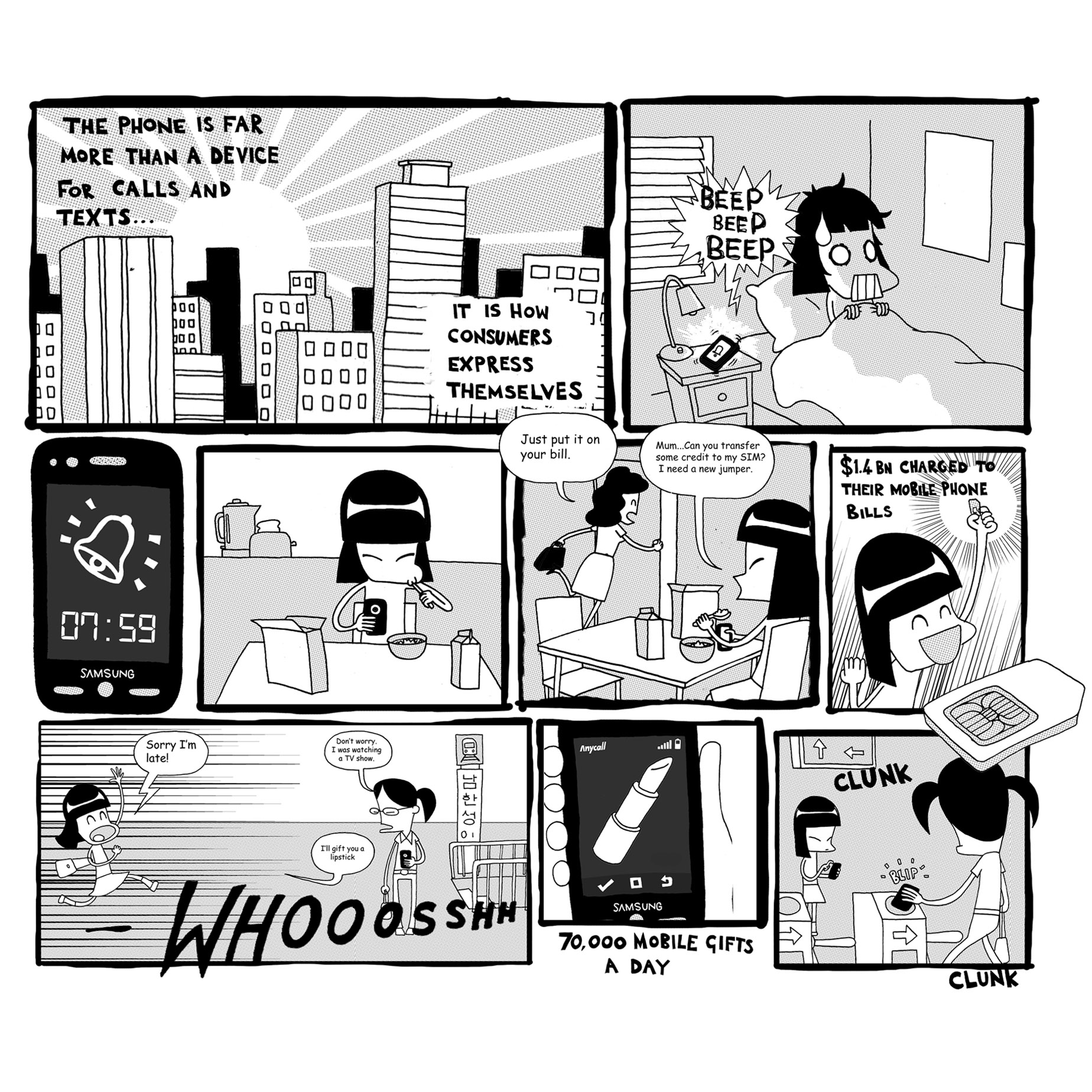 Comic strip panel: a Samsung phone alarm reading 07:59 beside on-screen text about mobile phone bills