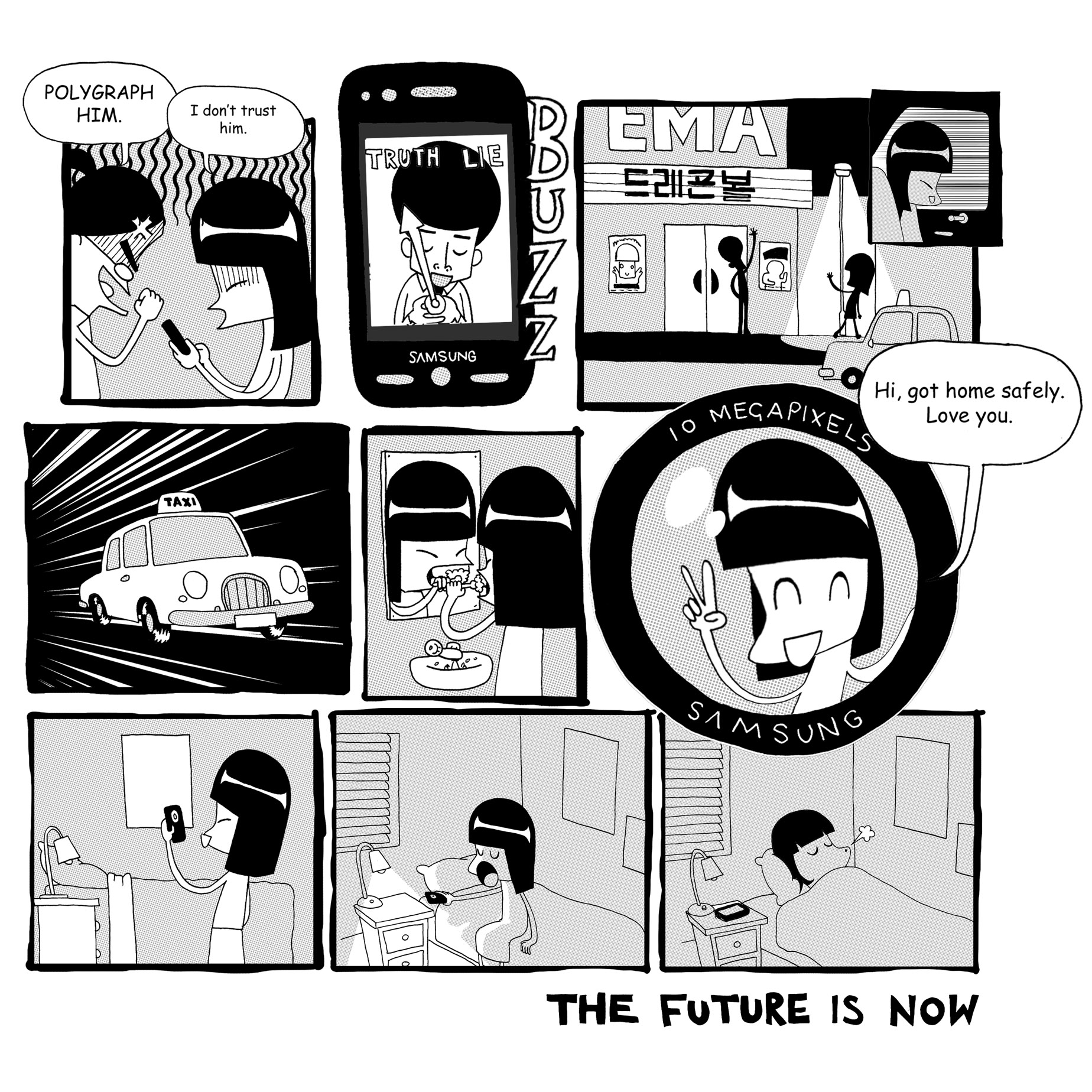 Comic strip panel: a phone screen reading Truth or Lie beside a night-time taxi scene