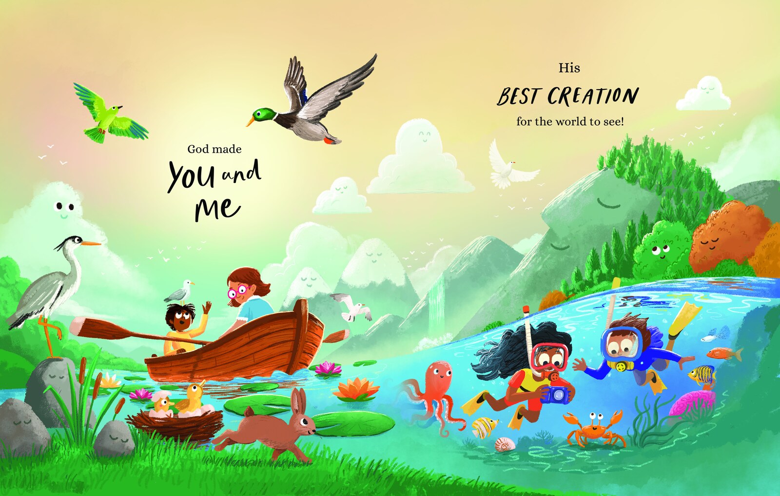 Let There Be Light spread: two children in a rowing boat and snorkelling, with birds overhead, captioned "God made You and Me, His BEST CREATION for the world to see!"