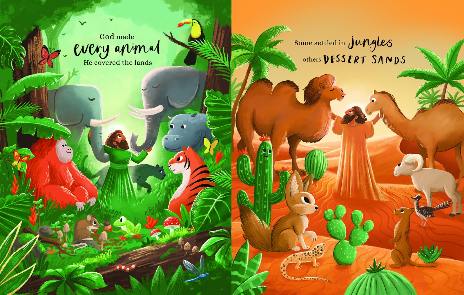 Jungle animals in green foliage, and desert animals among camels and cacti