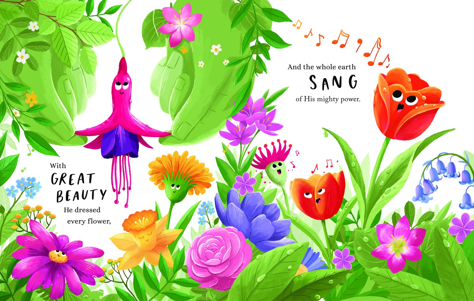 Illustrated flowers with faces, singing among green leaves
