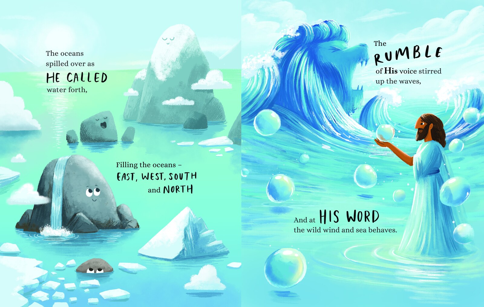 Icebergs with faces in calling water, and a robed figure calming a large wave