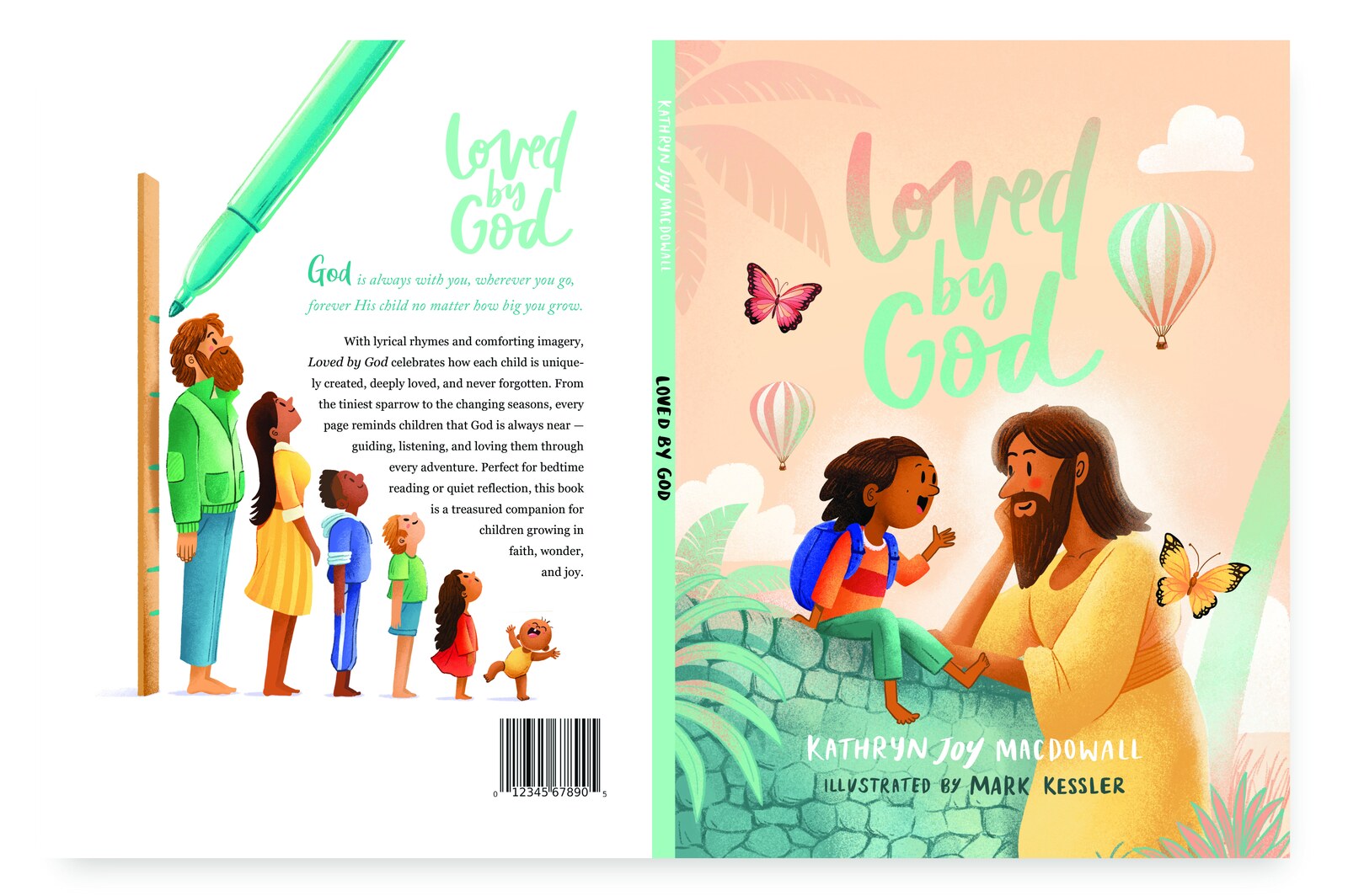 Loved by God front and back cover, credited to author Kathryn Joy Macdowall and illustrator Mark Kessler