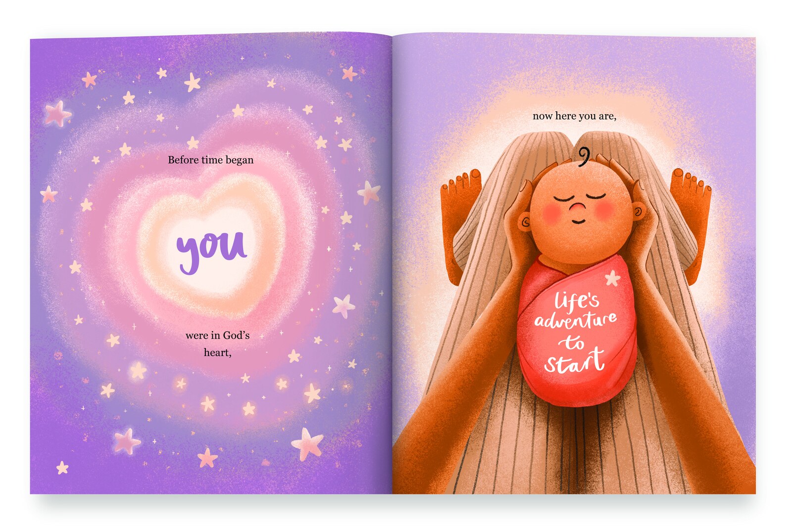 A baby held up against a starry, heart-shaped glow, captioned 'Before time began you were in God's heart'