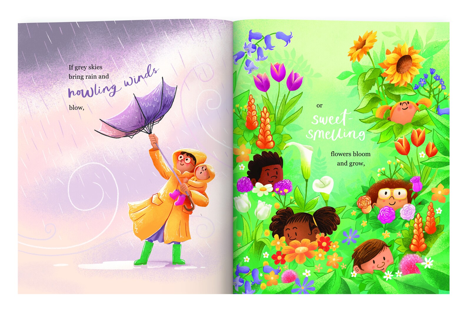 A child holding an umbrella in the rain, and children among a garden of flowers