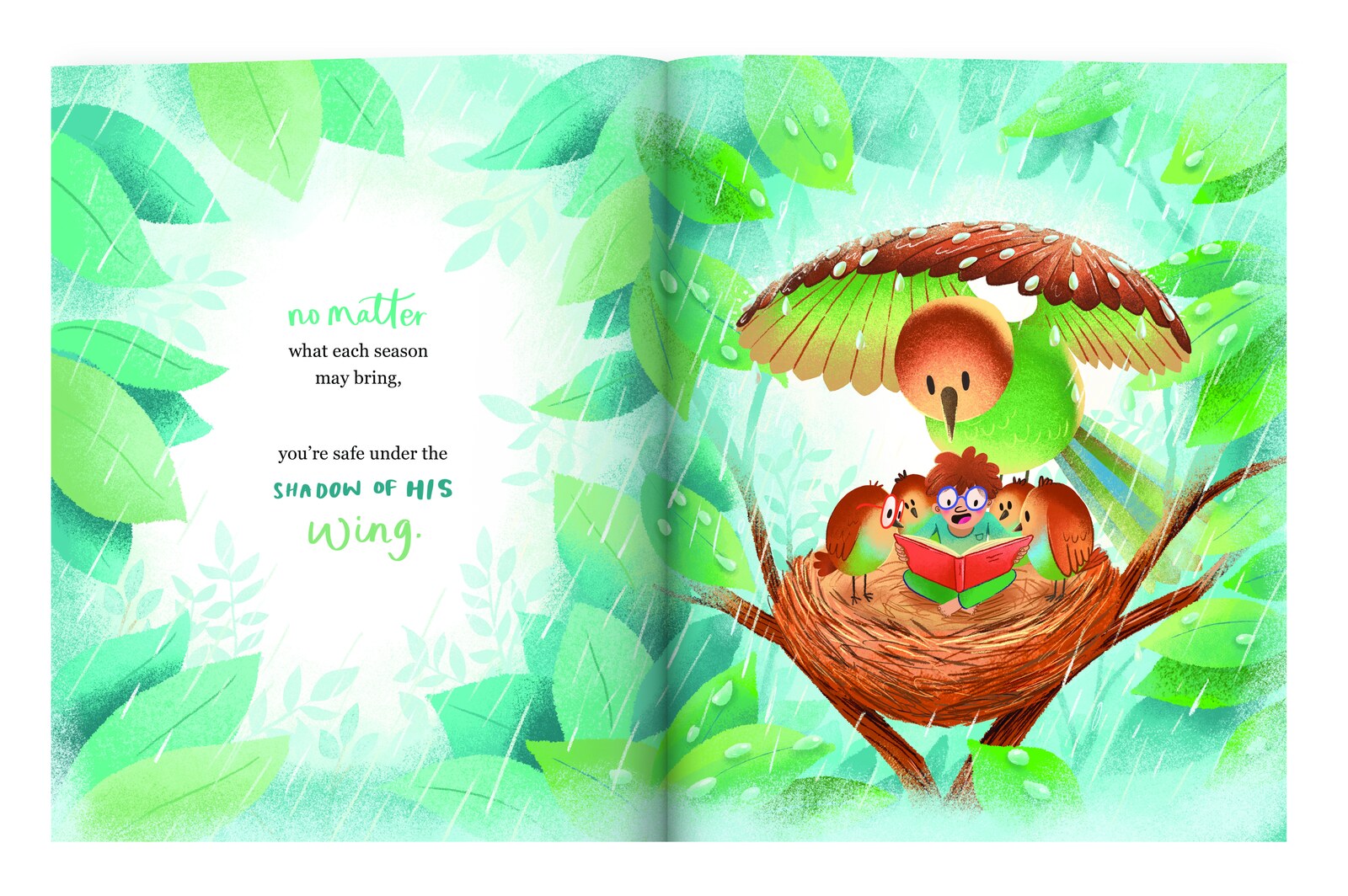 A parent bird sheltering chicks reading a book under its wing in the rain
