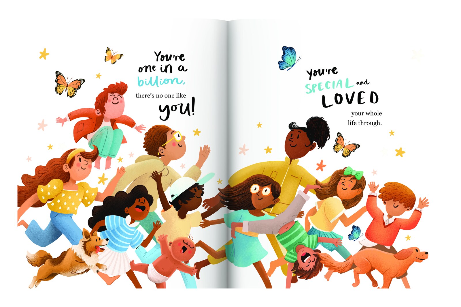A crowd of children and pets running together, surrounded by butterflies and stars