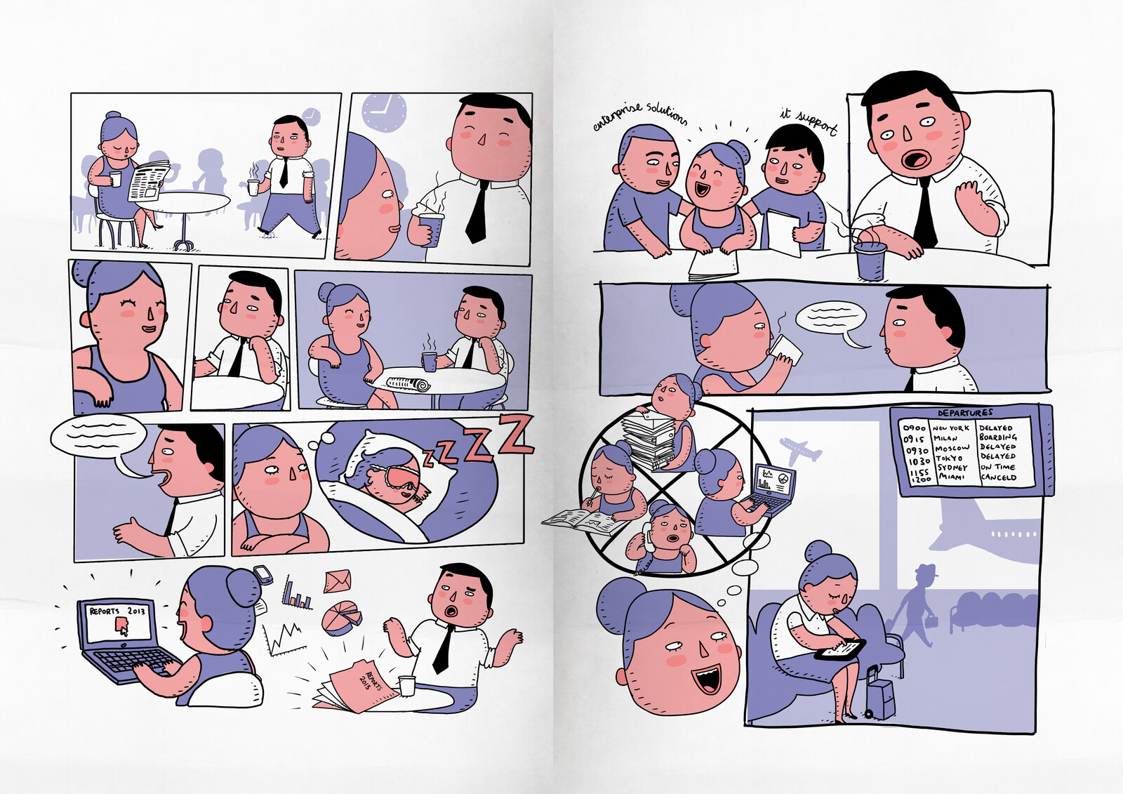 Office life comic strip, full two-page spread
