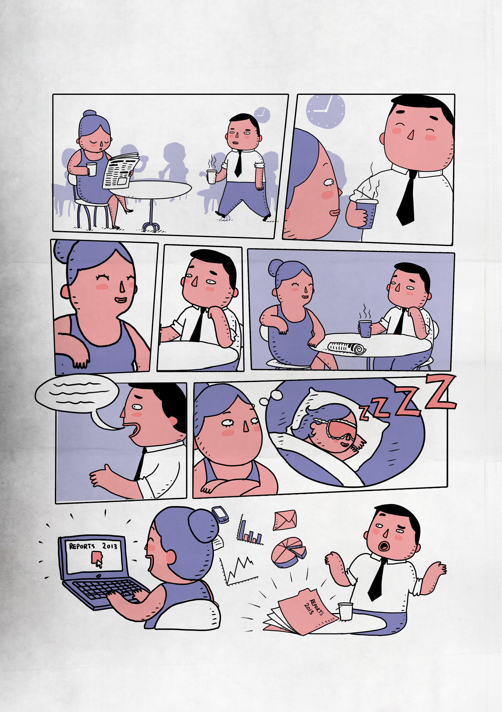 Office life comic strip, page one: coffee shop, desk scenes and a nap
