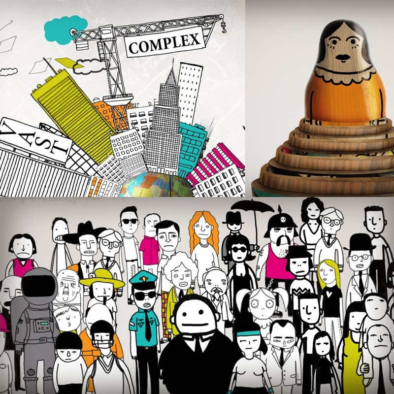 Illustrated promo artwork: city skyline, nesting doll, character crowd