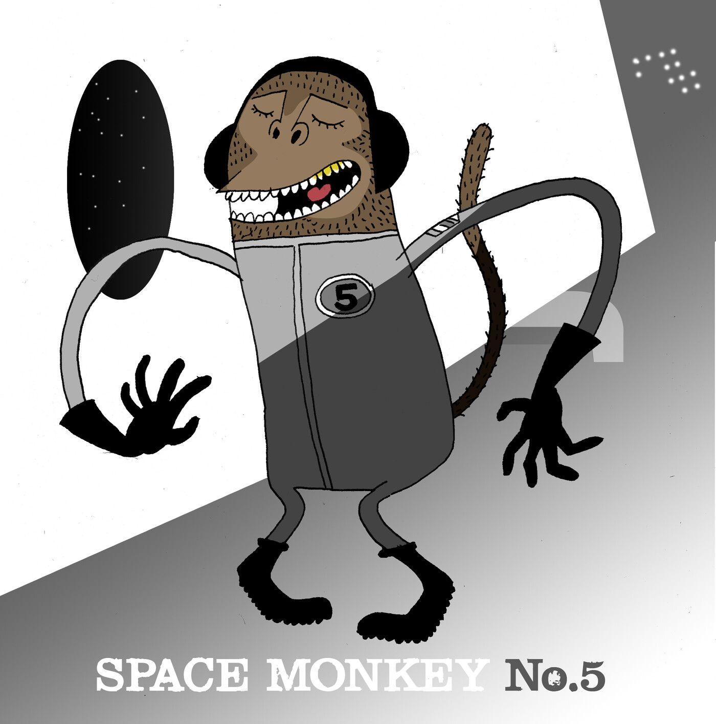 Space Monkey No.5: finished full-colour character art of an astronaut monkey in a numbered spacesuit, with the character's own logotype