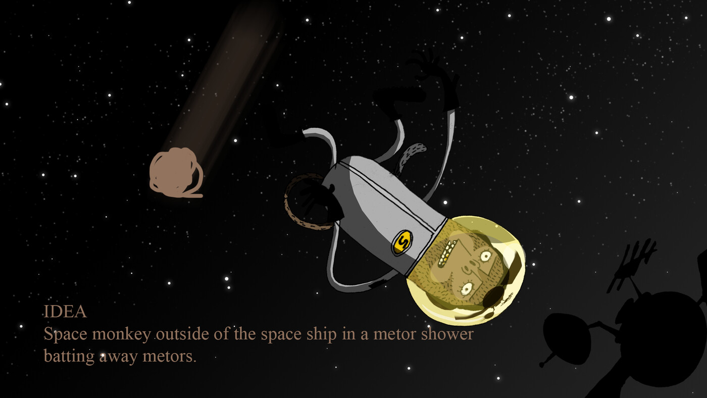 Concept idea frame showing the character tumbling past a satellite in a meteor shower, with a handwritten idea caption