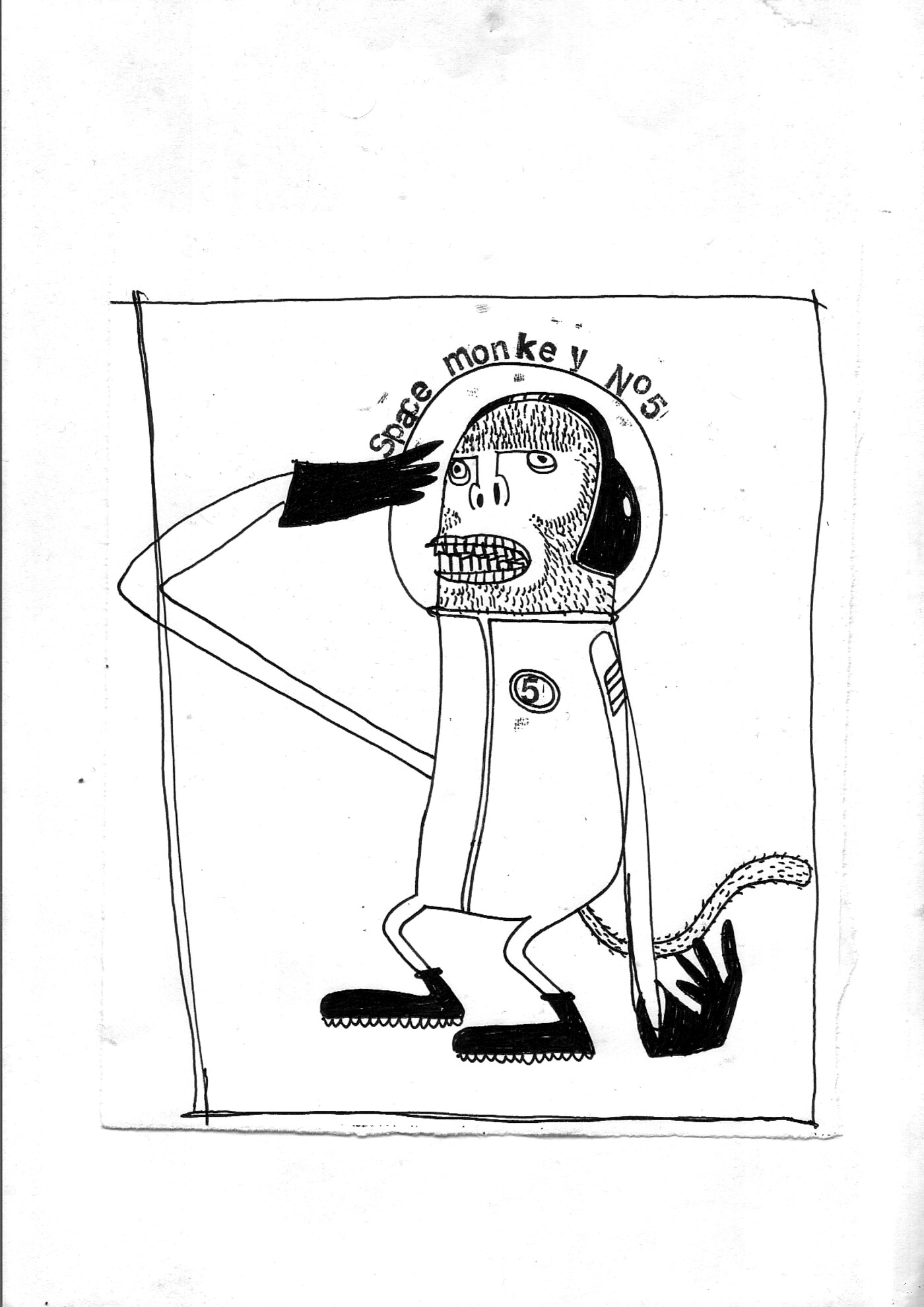 Early pen-and-ink concept sketch of the character saluting, labelled 'Space monkey No5'