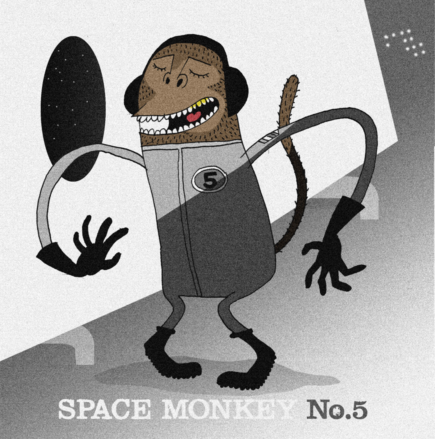 Space Monkey No.5 in an energetic dancing pose, grain-textured duotone treatment